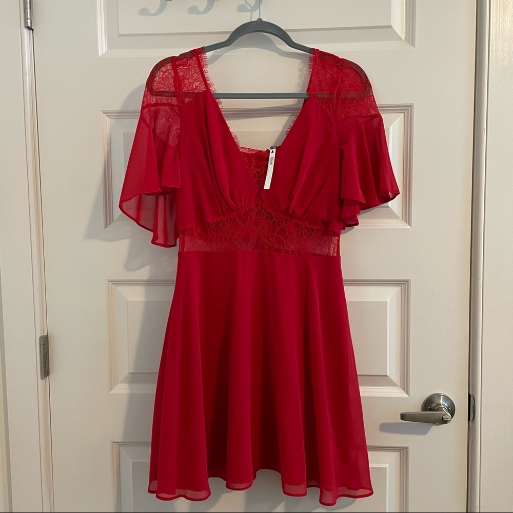 ASOS Red skater dress with lace and flutter sleeves size US 10 NWT